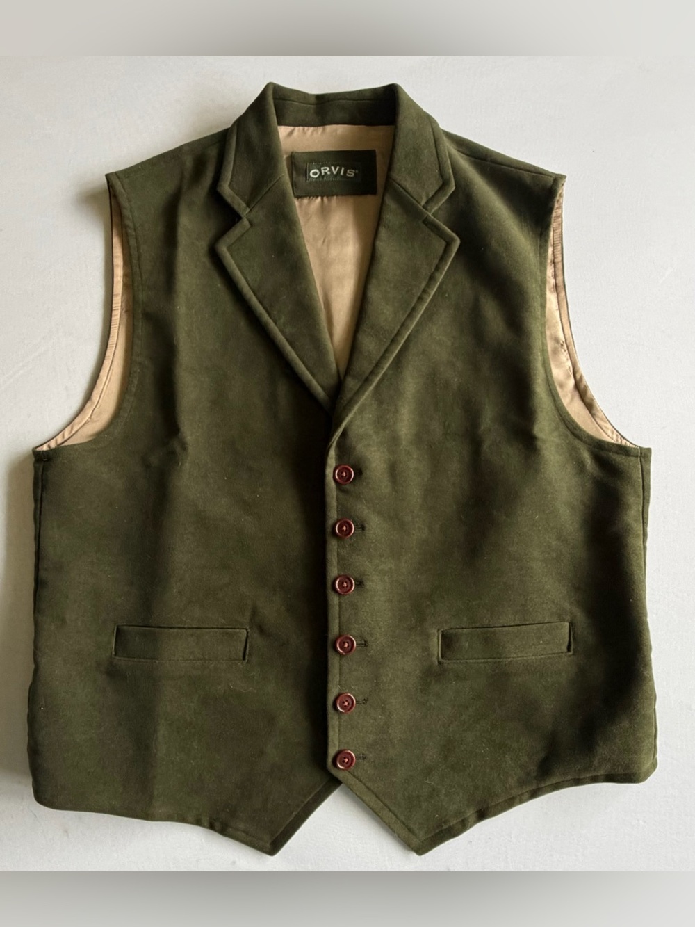Orvis 100% Cotton Suede-Texture Waistcoat Vest Large Olive Green Belted Lined